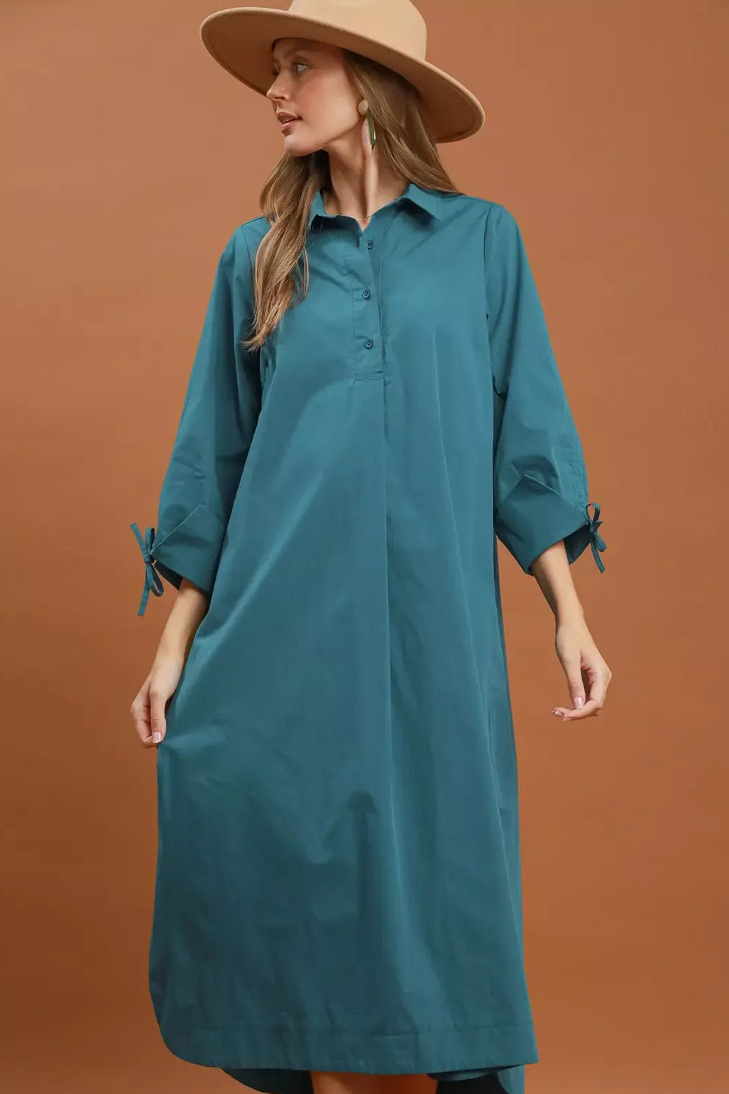Teal collared button-front midi dress with tab sleeves and relaxed fit