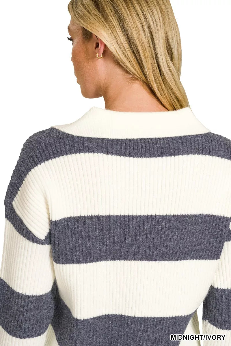 Navy/ivory striped sweater with ribbed crew collar and long sleeves