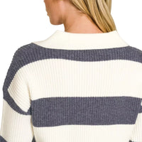 Navy/ivory striped sweater with ribbed crew collar and long sleeves