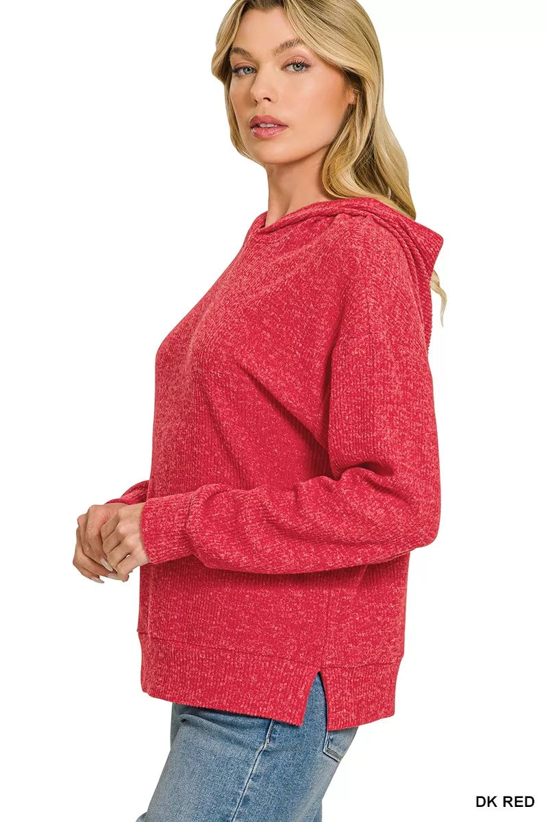 Red heather hoodie pullover with hood and long sleeves, side view