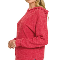 Red heather hoodie pullover with hood and long sleeves, side view