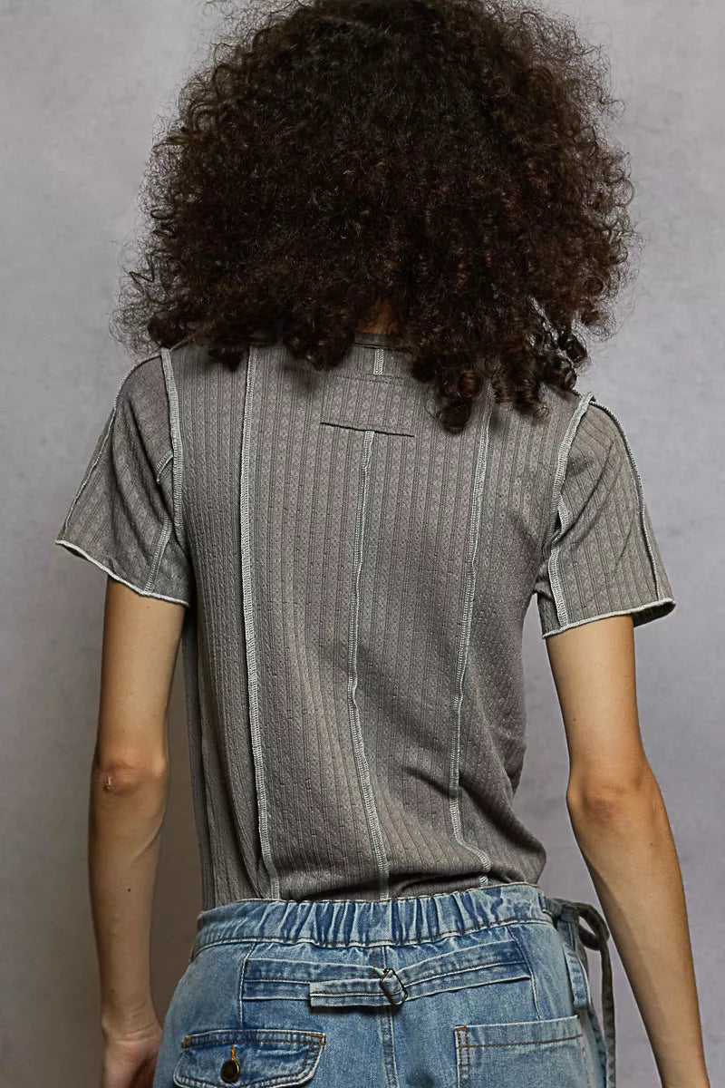 Grey pinstripe V-neck short sleeve top with visible stitch seam detail, back view