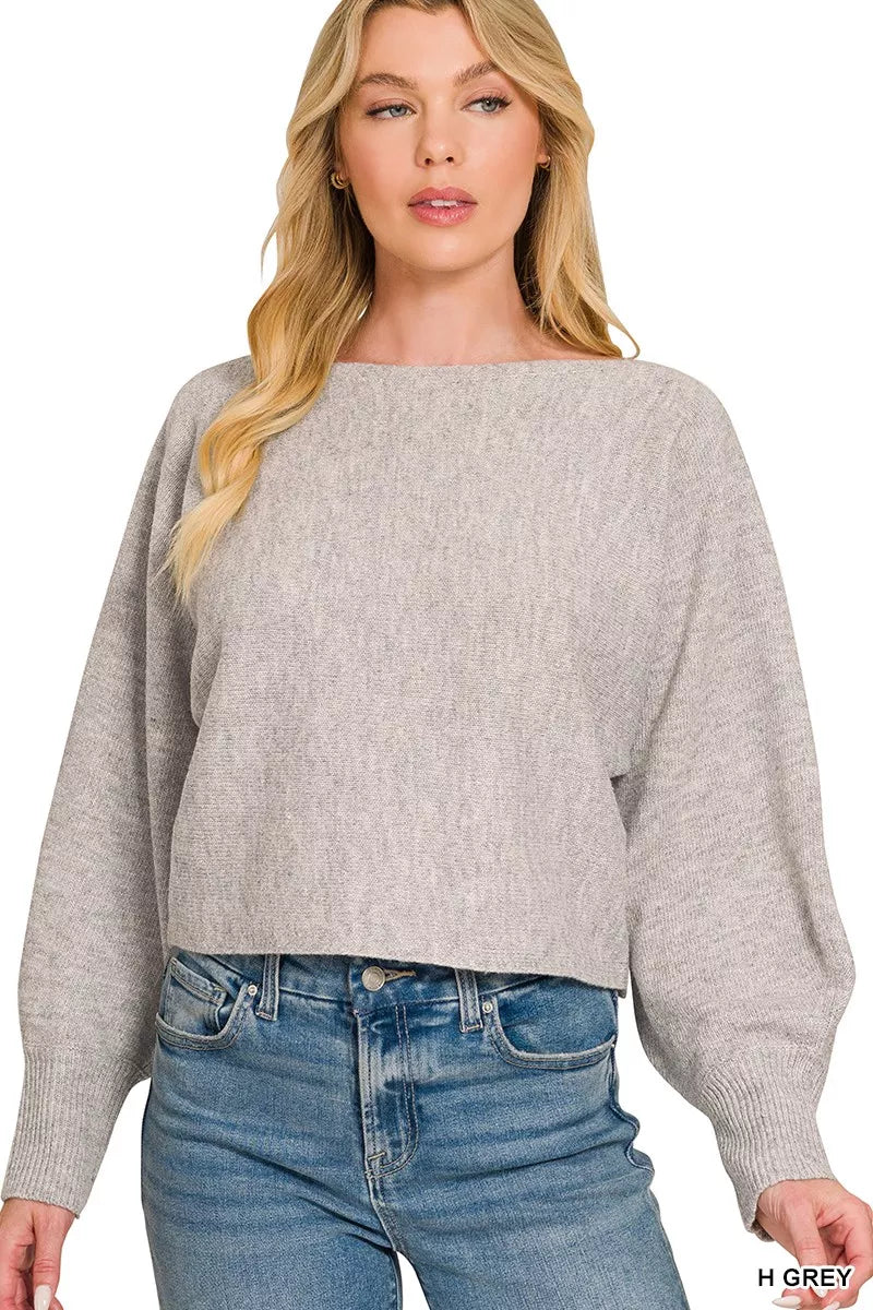 Grey knit sweater with boat neck and balloon sleeves