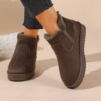 Dark brown plush-lined ankle boots with faux-fur collar and stitched stitching detail