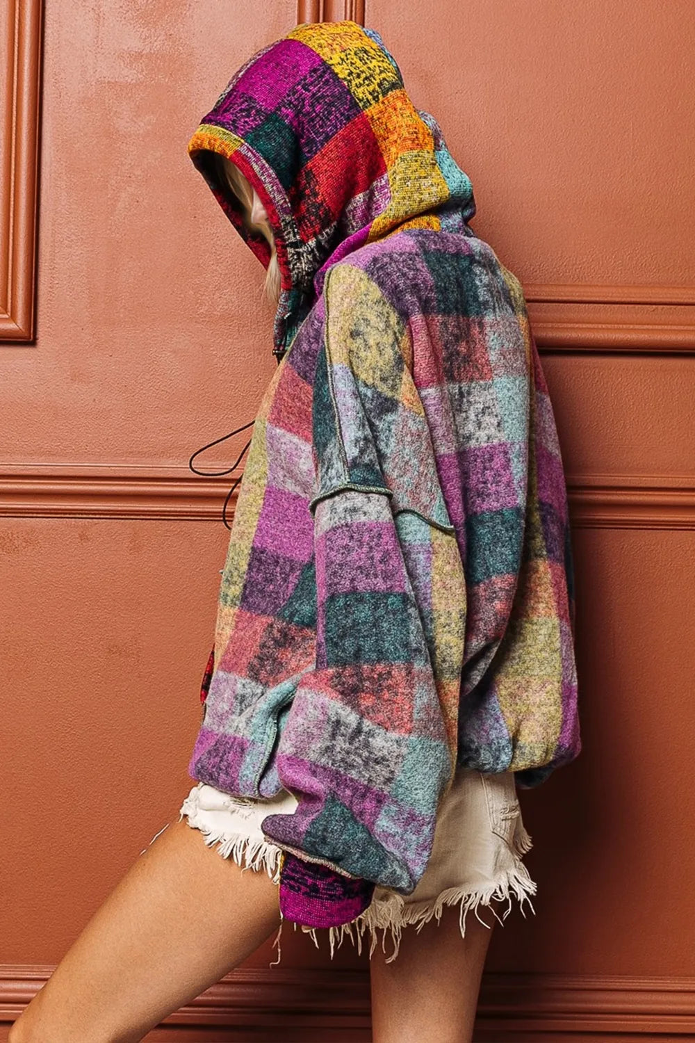 Plaid fleece half-zip hoodie with hood, side view, kangaroo pocket, long sleeves