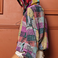 Plaid fleece half-zip hoodie with hood, side view, kangaroo pocket, long sleeves