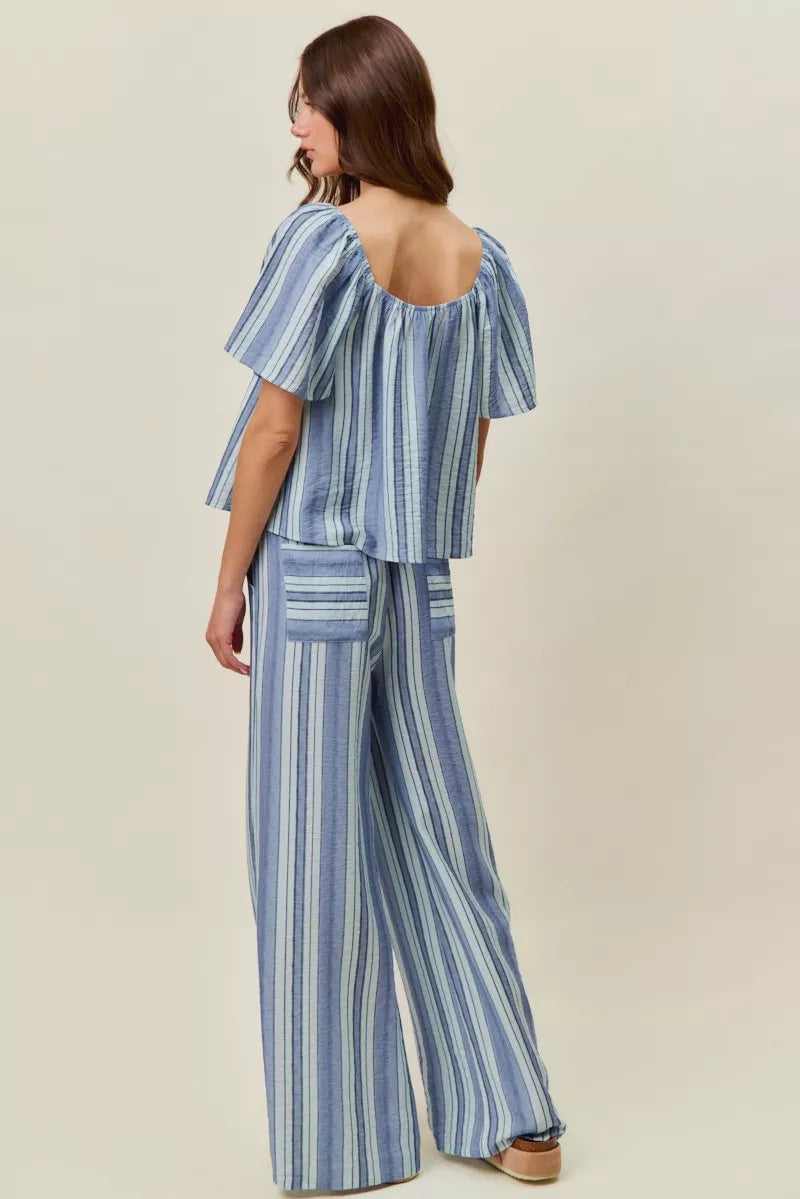 Blue striped wide-leg pull-on pants with elastic waist
