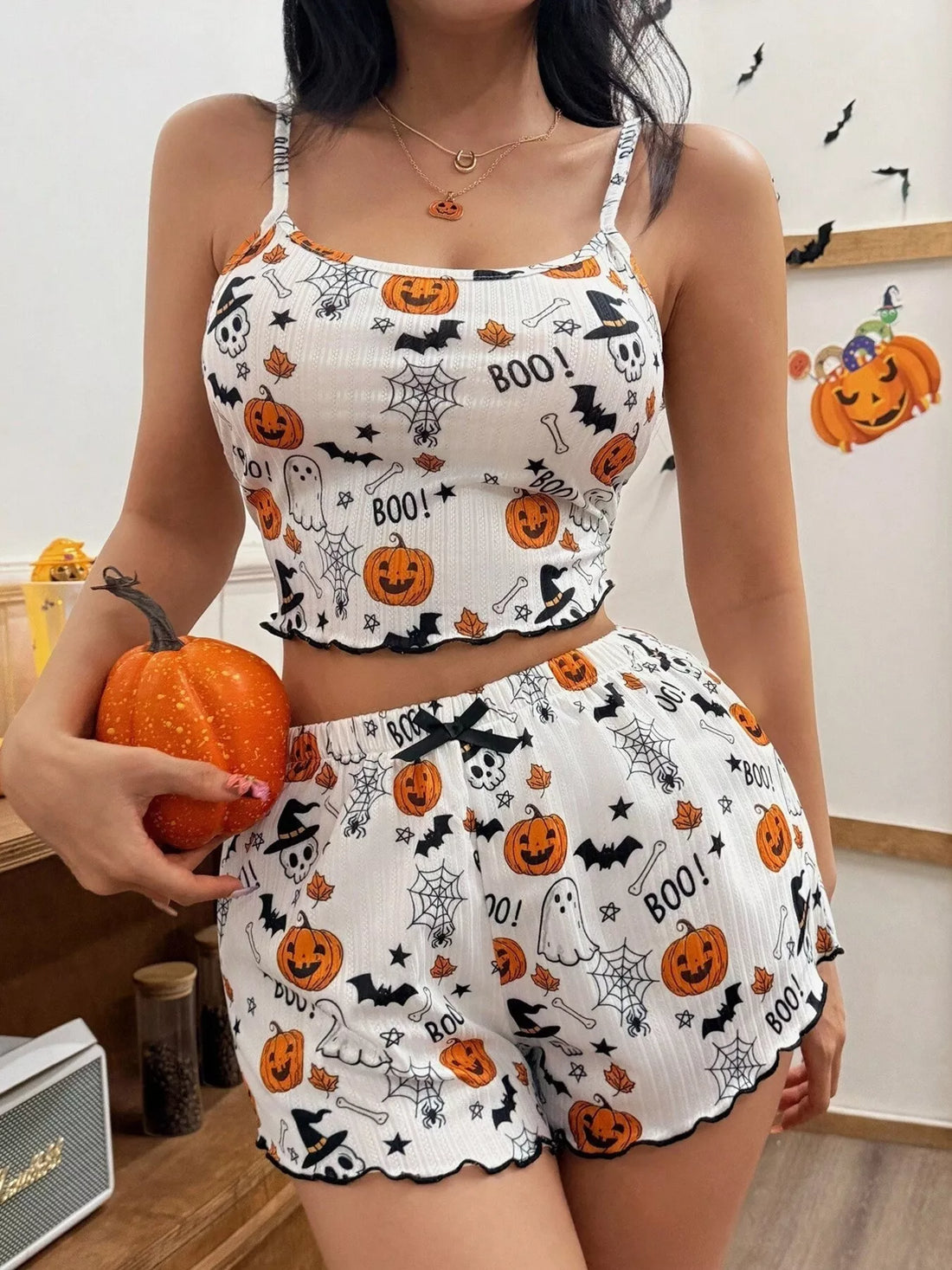 White Halloween cami and shorts set with “BOO!” bats and pumpkin graphic print