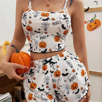 White Halloween cami and shorts set with “BOO!” bats and pumpkin graphic print