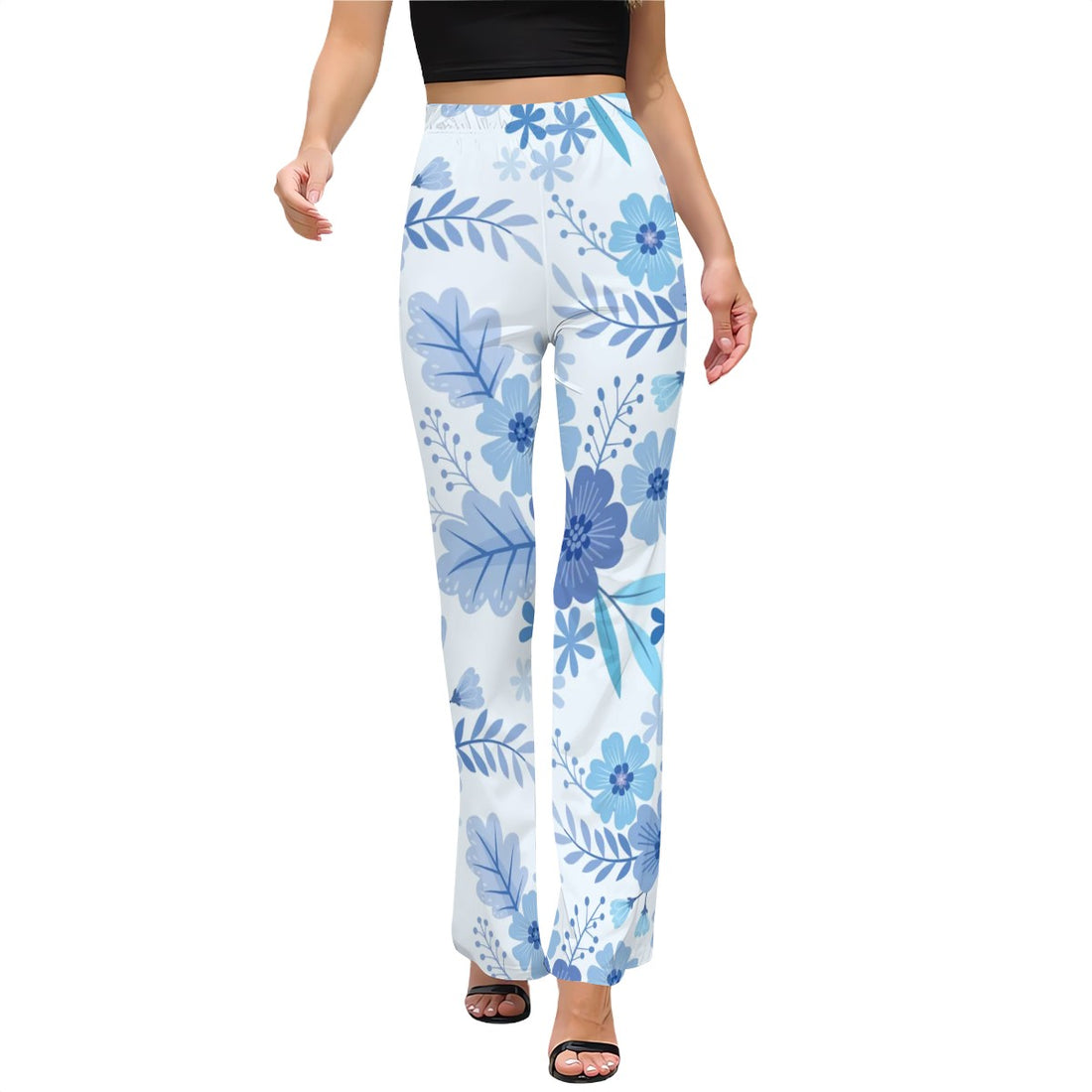 Blue Floral Print High Waist Flared Pants Women’s Botanical Summer Trousers