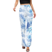 Blue Floral Print High Waist Flared Pants Women’s Botanical Summer Trousers