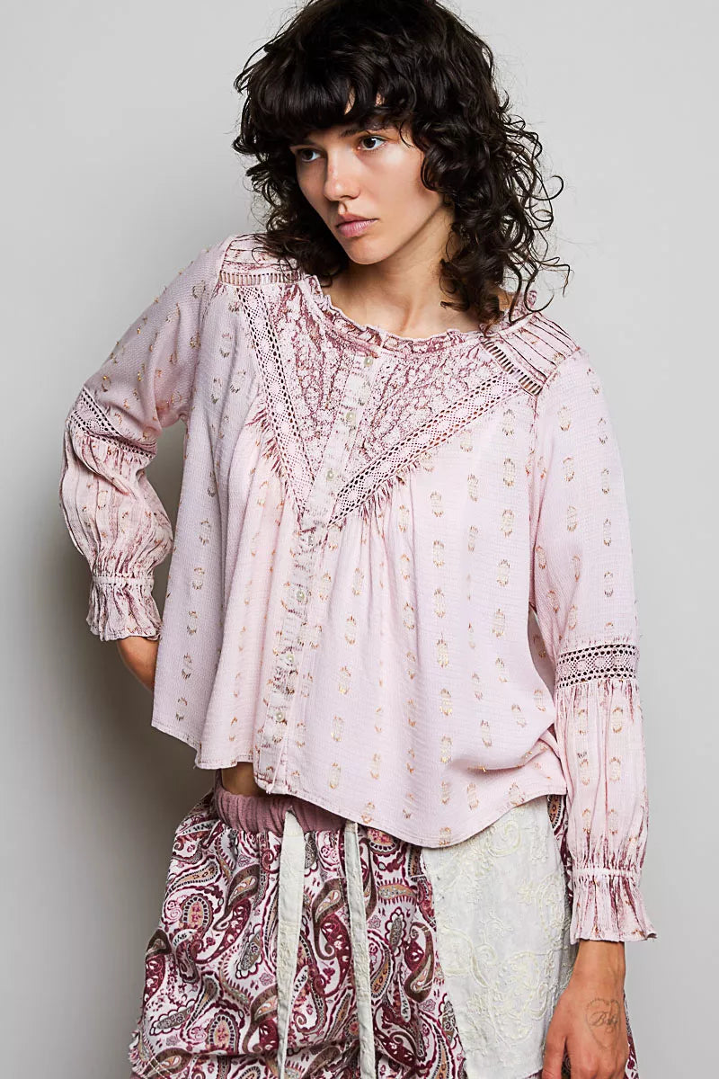 Rose pink lace-detail peasant blouse with embroidered pattern and tiered ruffle hem