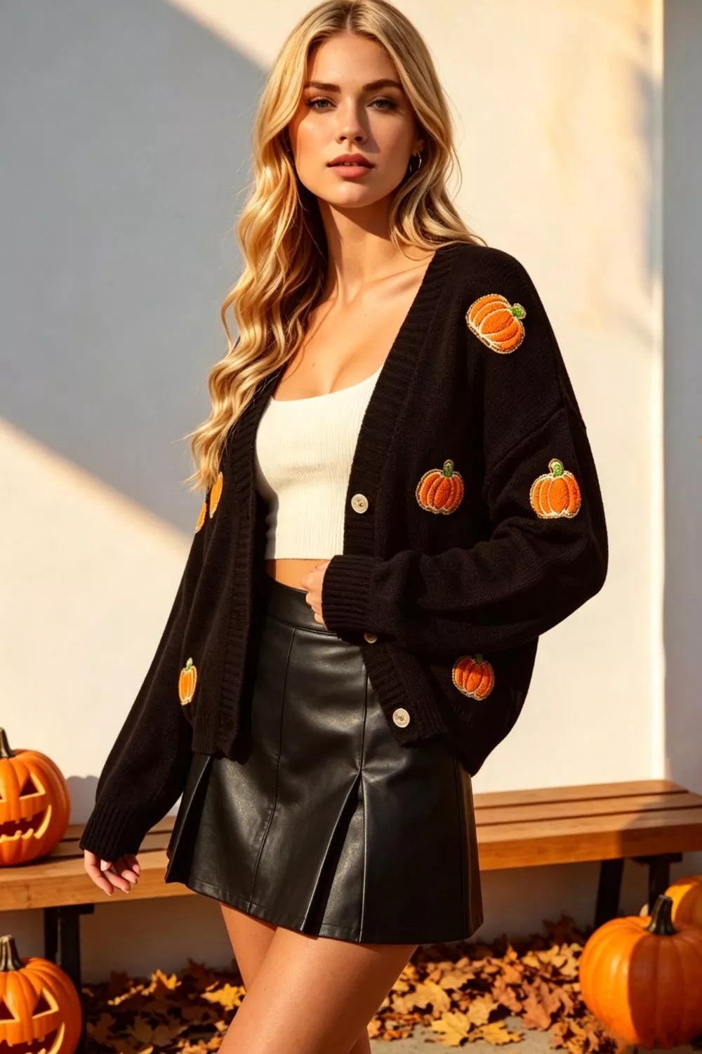 Black long-sleeve cardigan with V-neck, button front, and pumpkin patch buttons