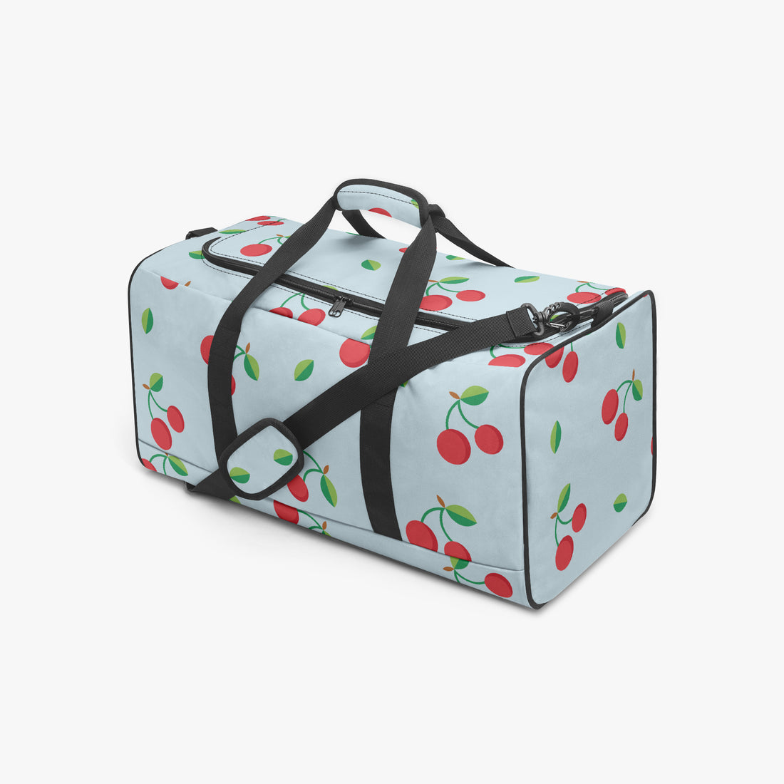 Red Cherry Print Duffle Bag Blue Canvas