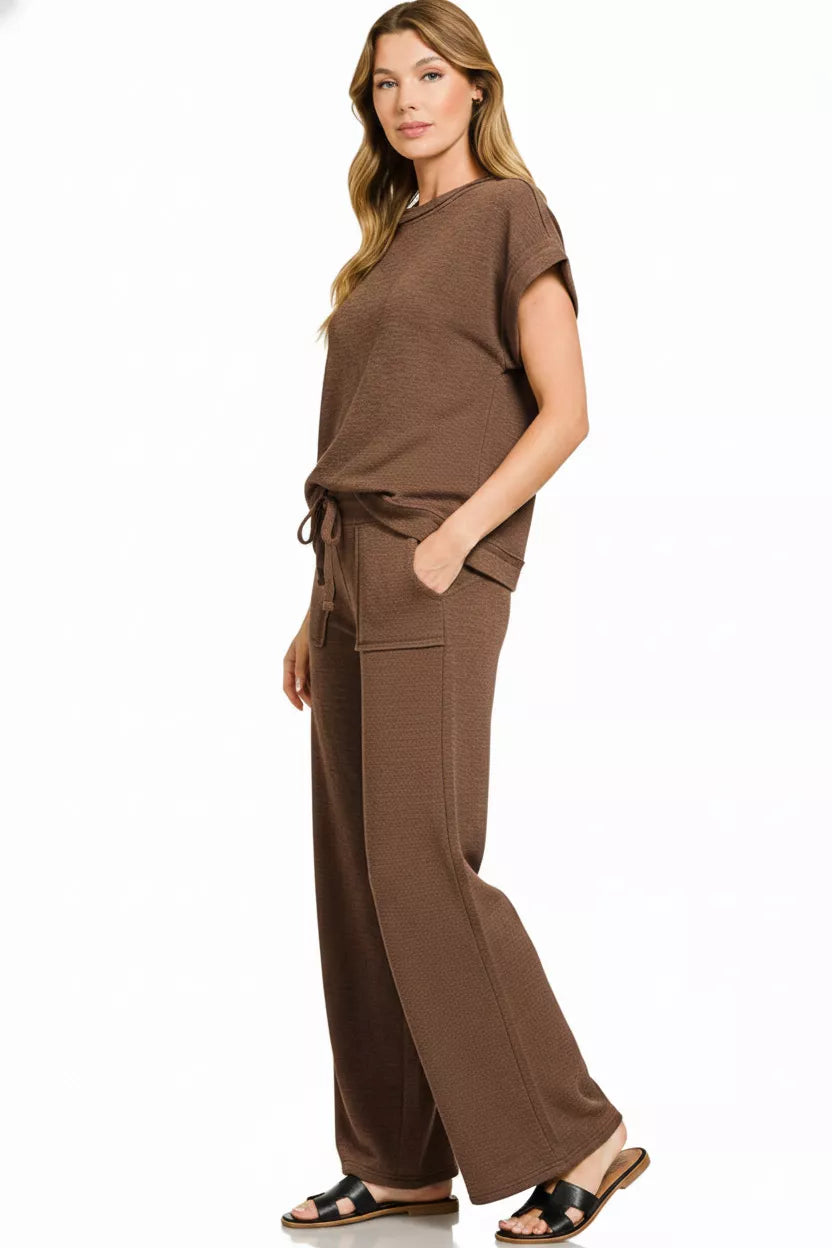 Brown cotton slub set with drawstring-waist wide-leg pants and short-sleeve tee