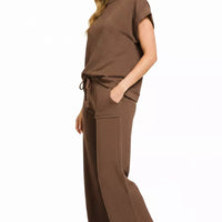 Brown cotton slub set with drawstring-waist wide-leg pants and short-sleeve tee