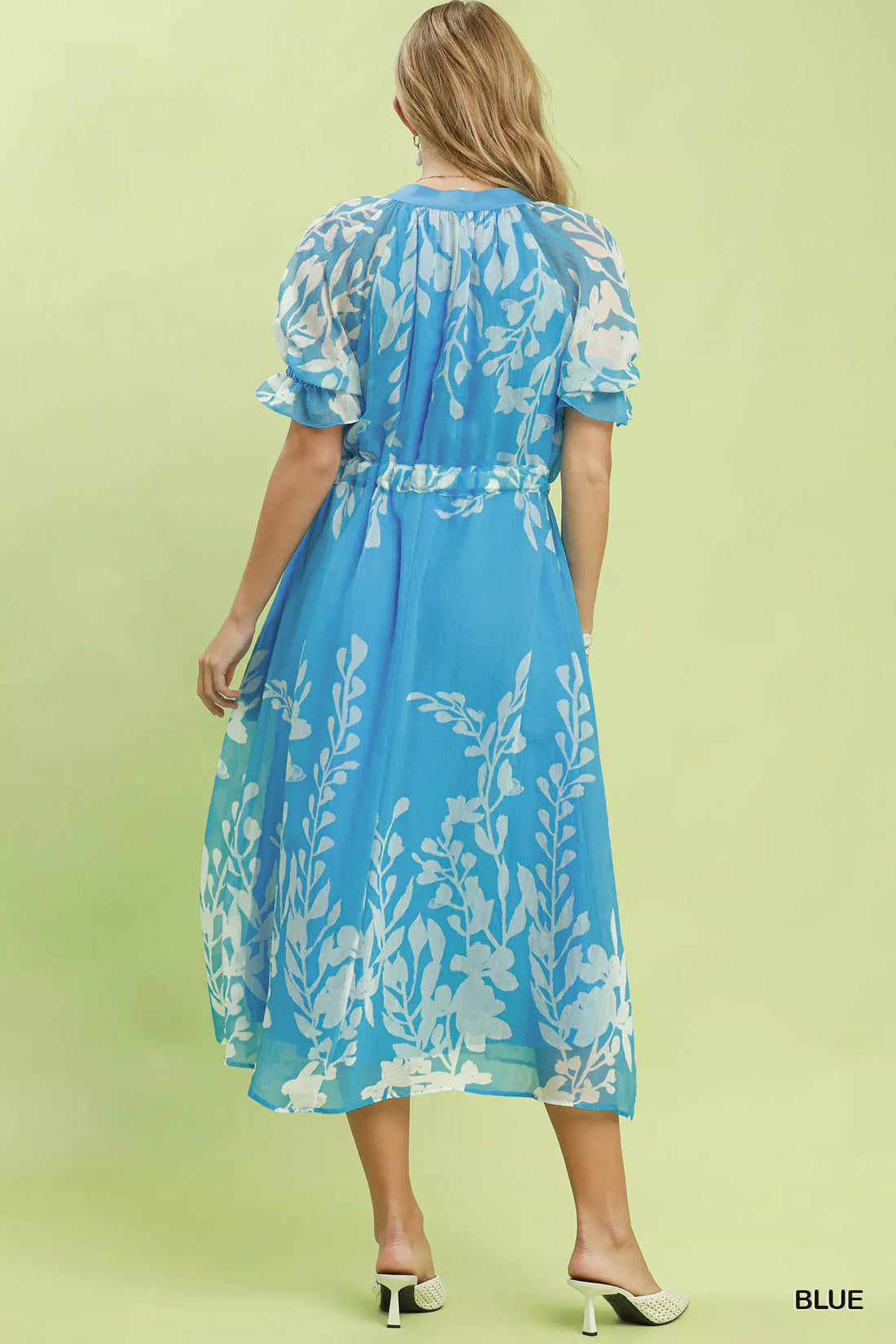 Blue floral tie-waist midi dress, back view with gathered ruffled sleeves