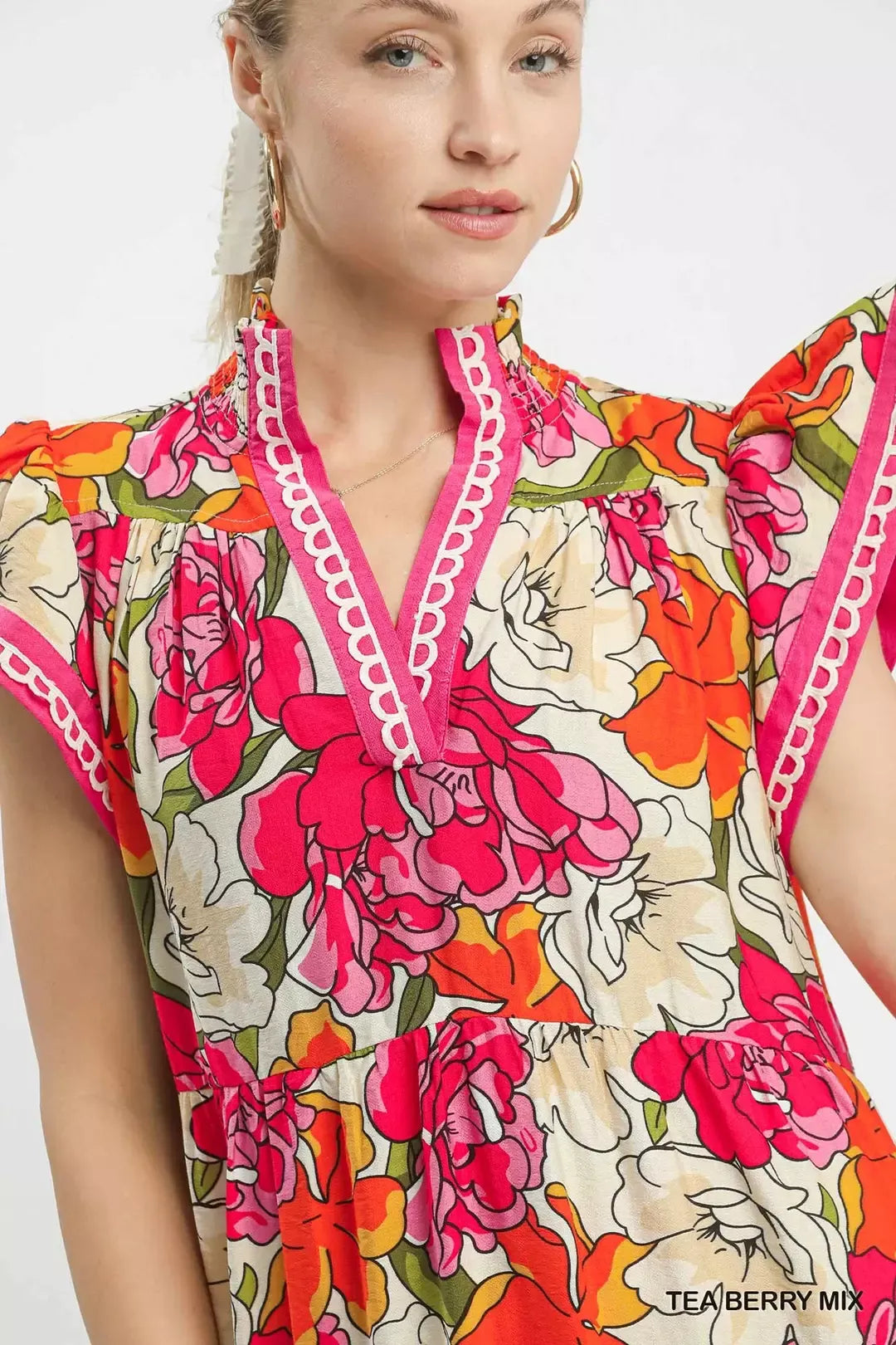 Floral V-neck midi dress bodice with pink trim and bright blossoms pattern