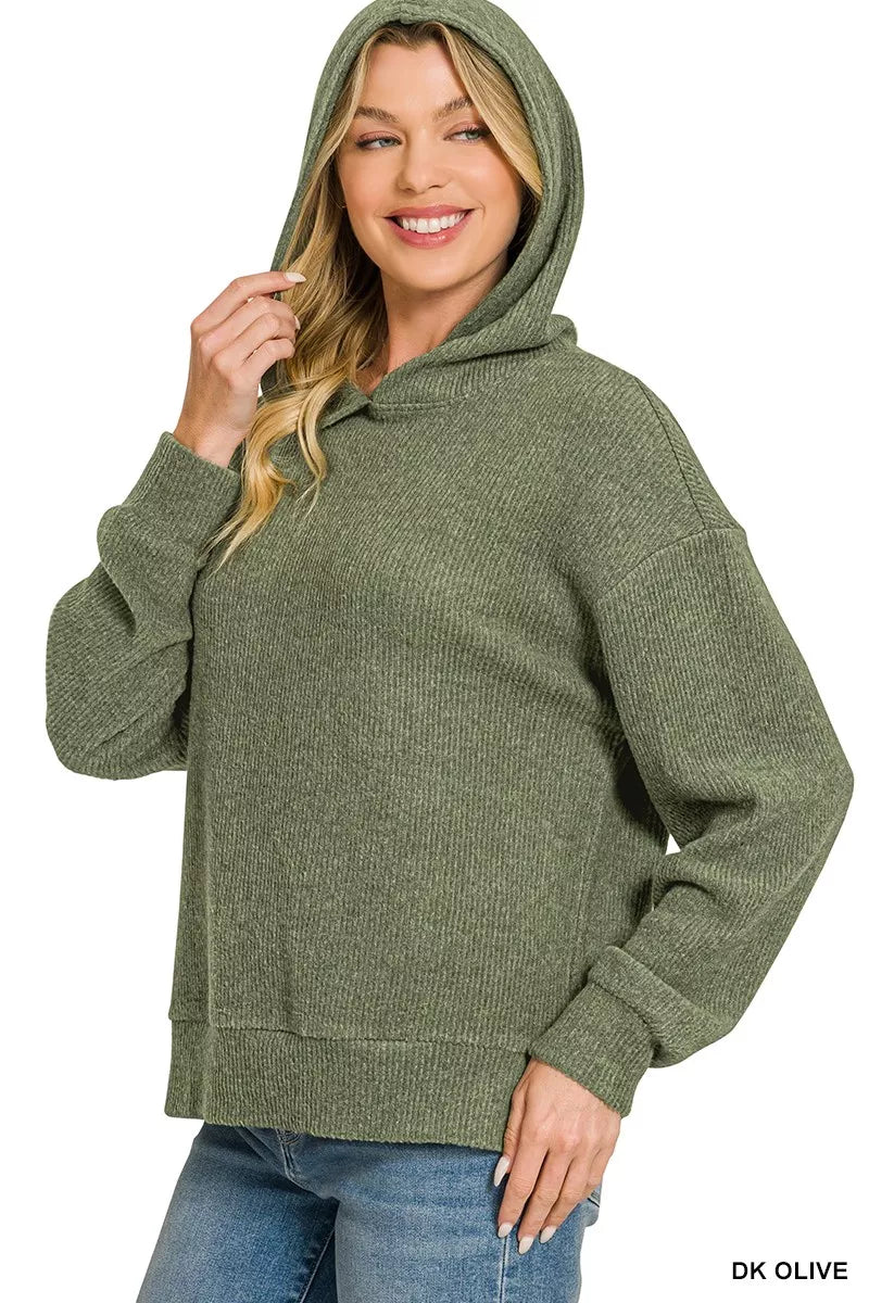 Dark olive hooded pullover with kangaroo pocket and ribbed hem