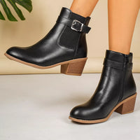 Point-toe block heel ankle boots in black with buckle strap and side zip