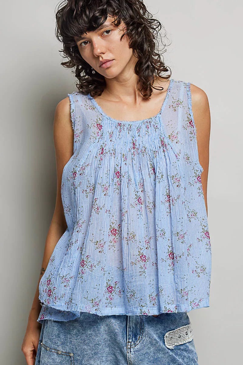 Blue floral pleated cotton sleeveless top with round neckline