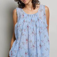 Blue floral pleated cotton sleeveless top with round neckline