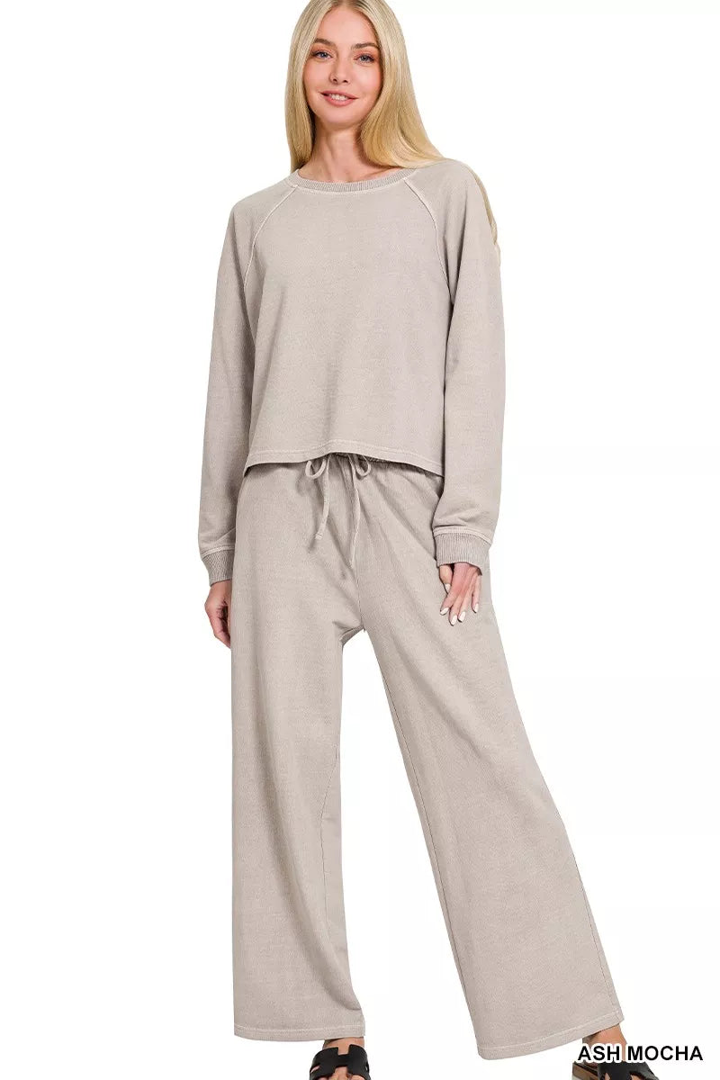 Round-neck pullover with long sleeves and drawstring wide-leg pants set, ash mocha