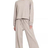 Round-neck pullover with long sleeves and drawstring wide-leg pants set, ash mocha