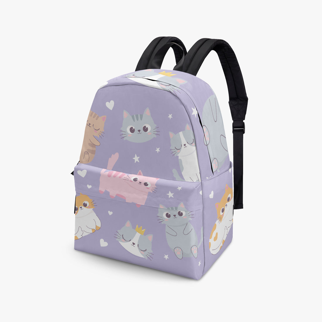 Kids purple kitten-print backpack front three-quarter view with black top handles