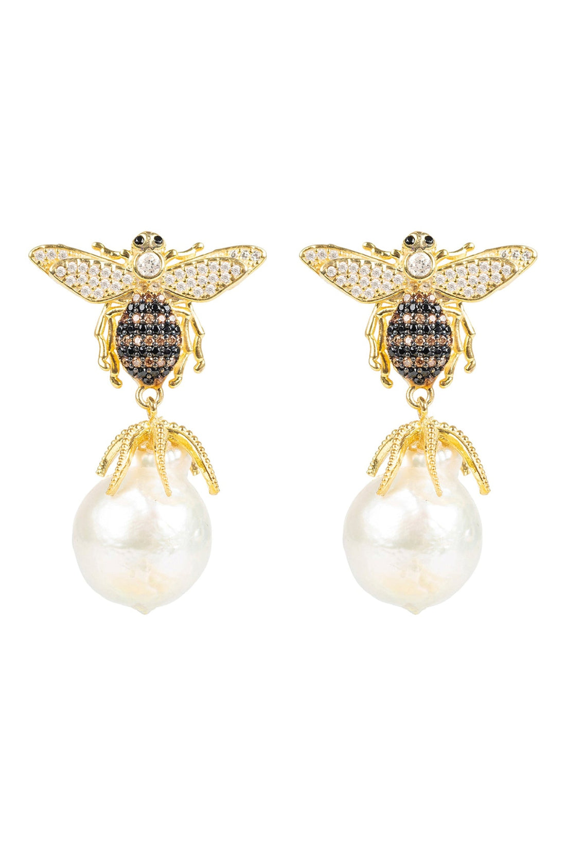 Pair of gold-tone bee drop earrings with crystal details and white pearl drops