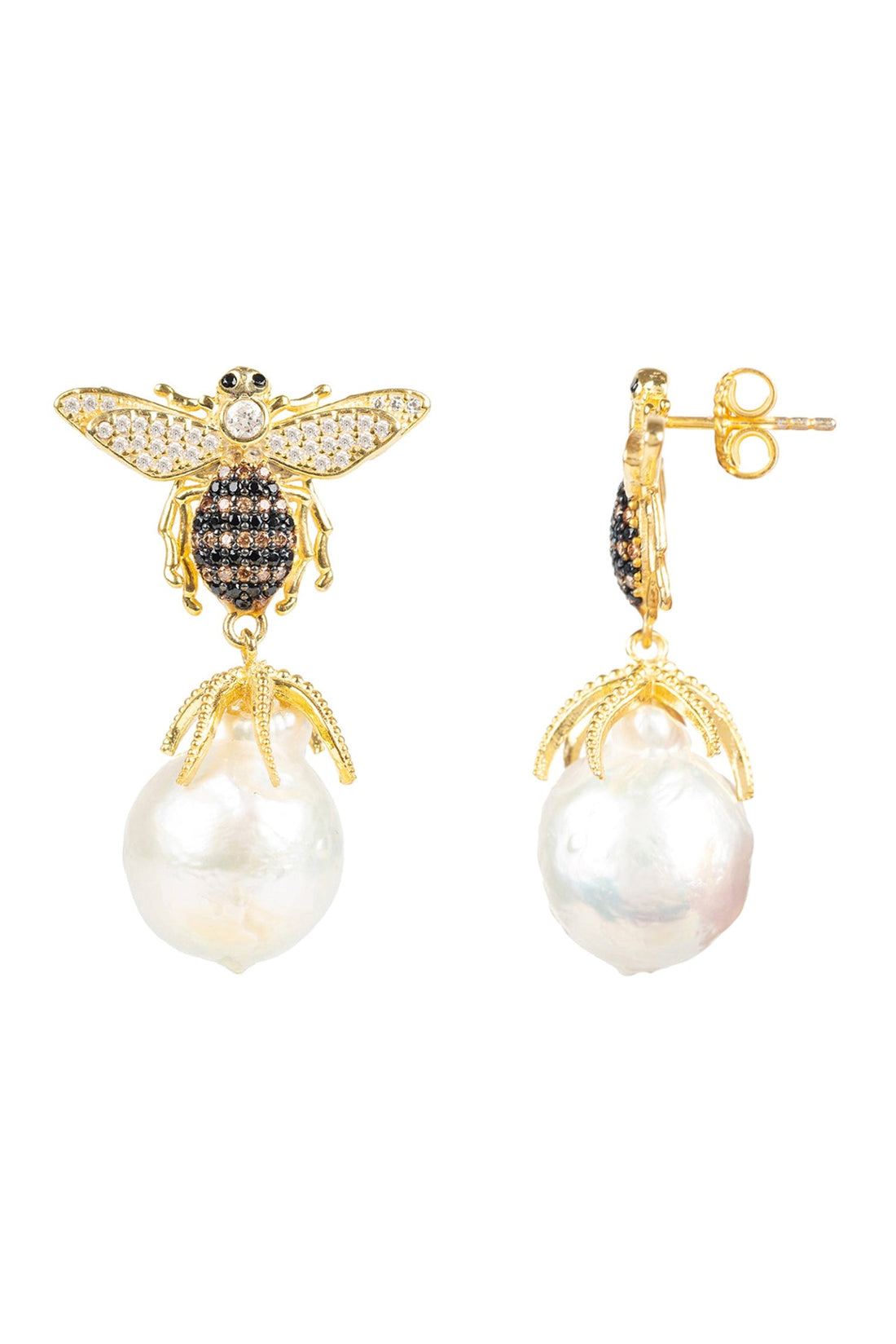 Gold-tone bee drop earrings with crystal wings and white pearl dangle, hook backing