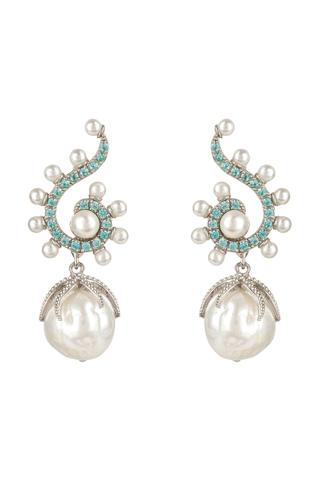 Pair of silver-tone drop earrings with aqua accents, pearl clusters, and white pearl dangle
