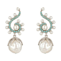 Pair of silver-tone drop earrings with aqua accents, pearl clusters, and white pearl dangle