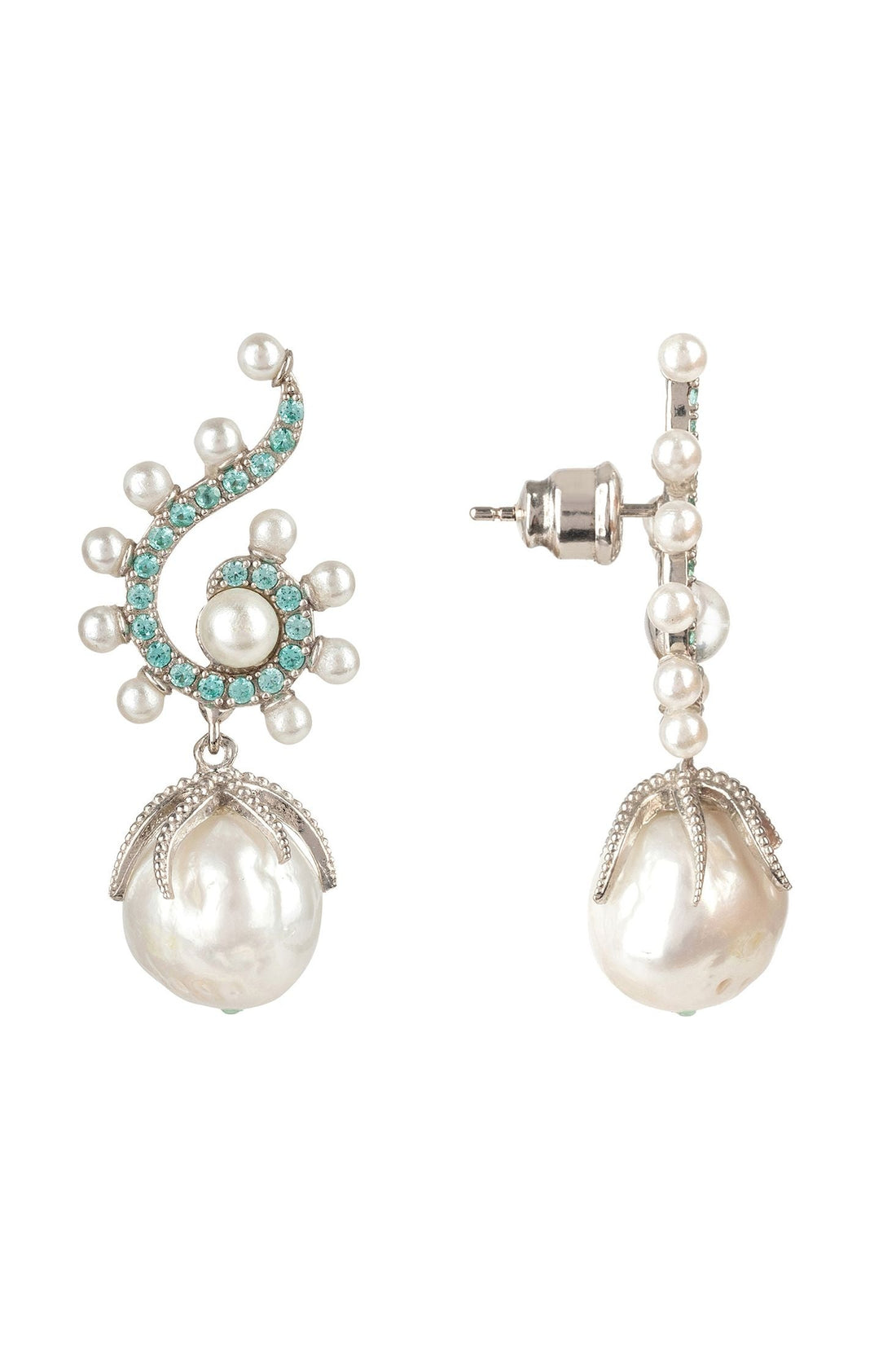 Silver-tone drop earrings shown from the side, with pearl cluster and white pearl dangle