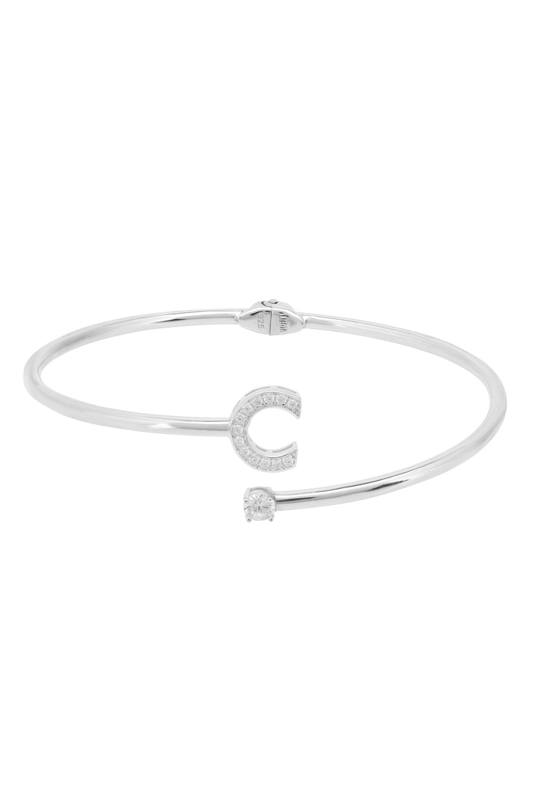 Silver cuff bangle with C initial charm and two small crystal accents