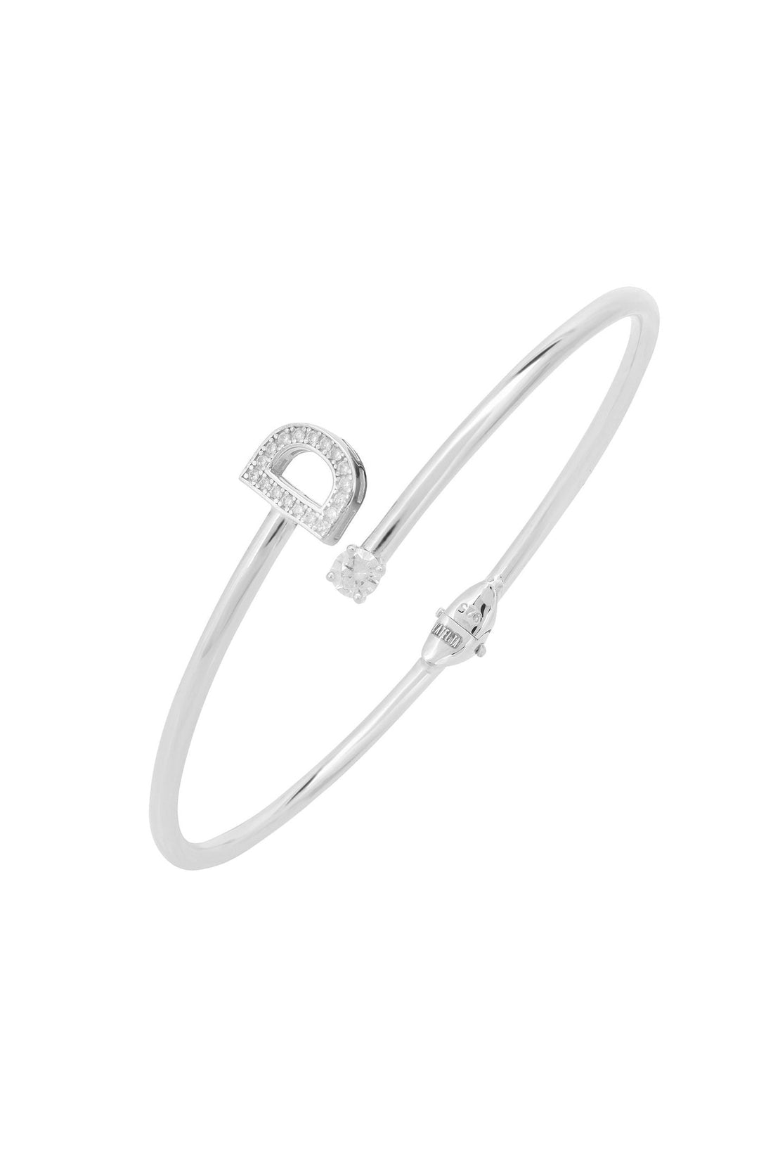 Silver initial bangle bracelet with D charm and pavé accents