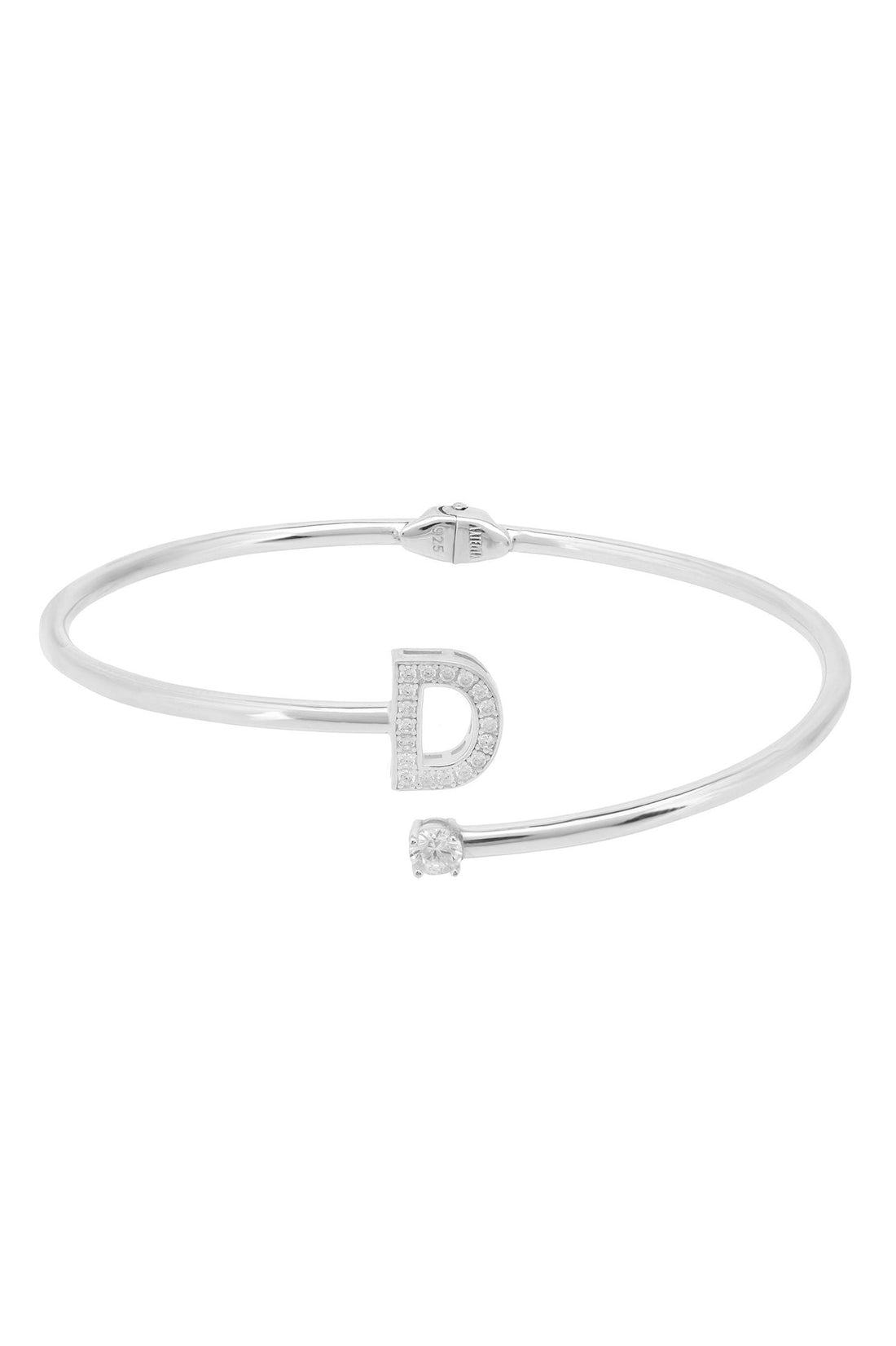 Silver initial D bangle bracelet with pavé-style D charm