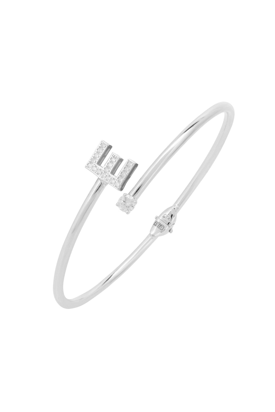 Silver initial E bangle with square-cut crystal letter and hinge clasp