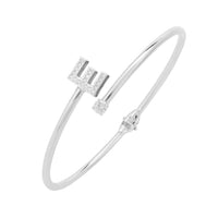 Silver initial E bangle with square-cut crystal letter and hinge clasp