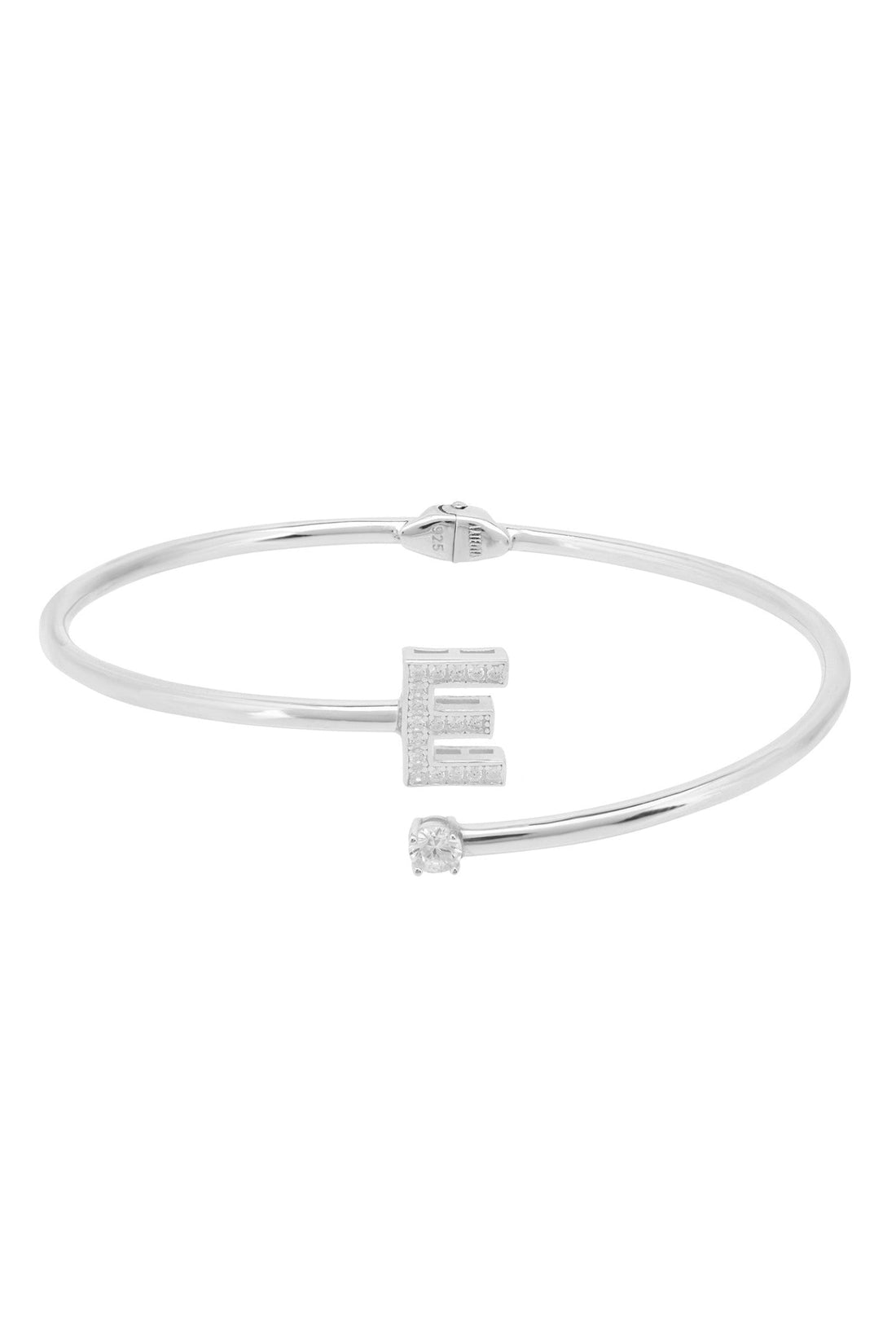 Silver bangle bracelet with initial E charm and small round crystal accents