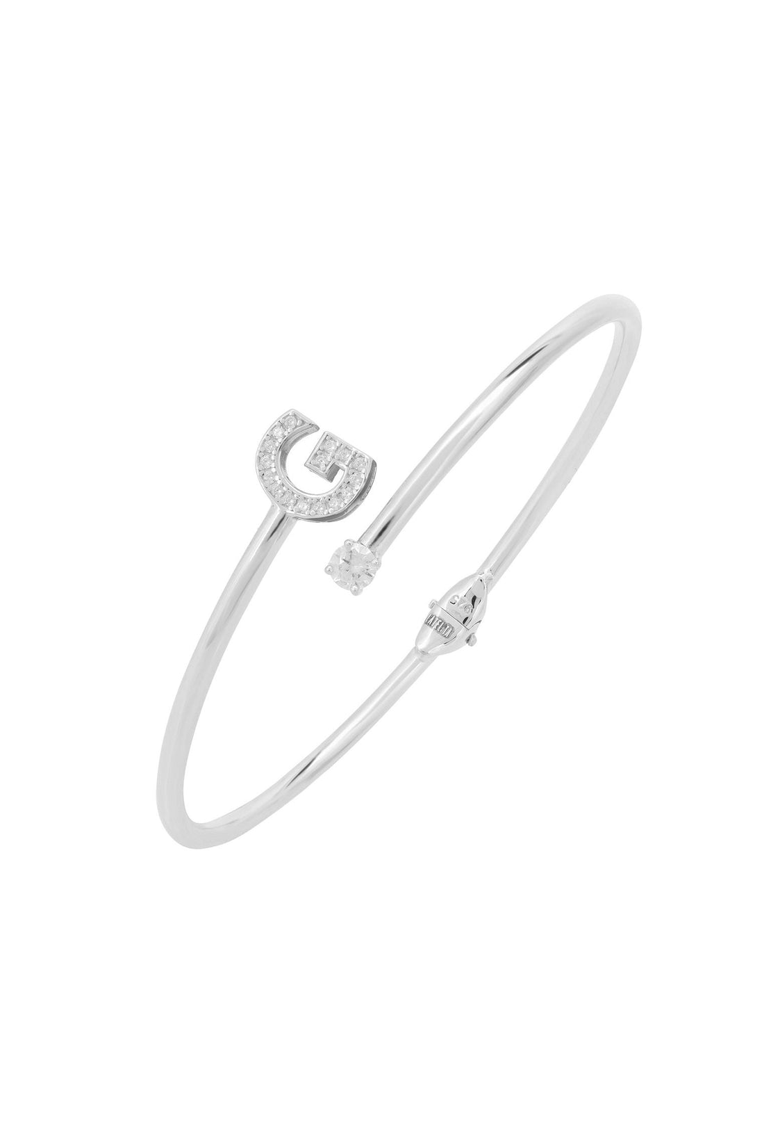 Silver initial G bangle with round pave charm and small stone detail