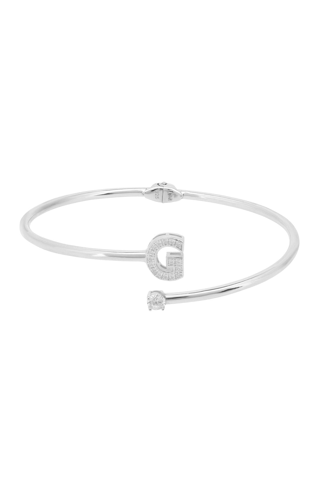 Silver initial G bangle with pave charm and tiny round gemstone accents