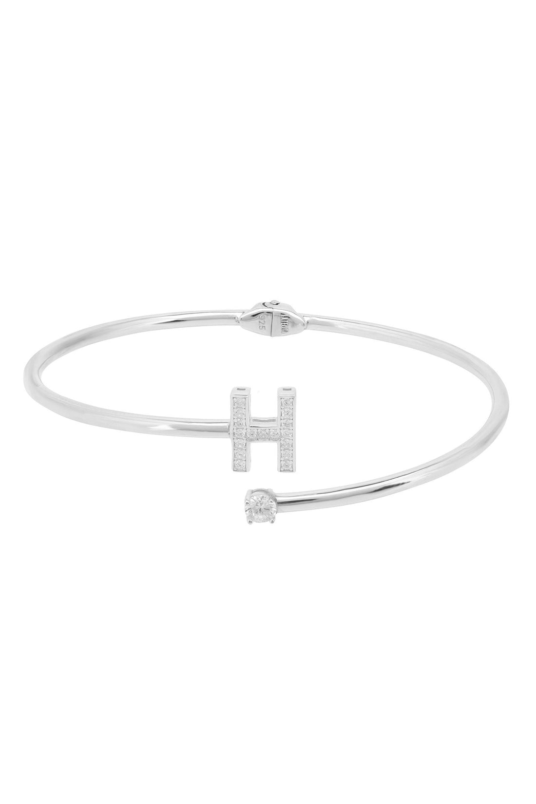 Silver bangle bracelet with openwork letter H and small stones