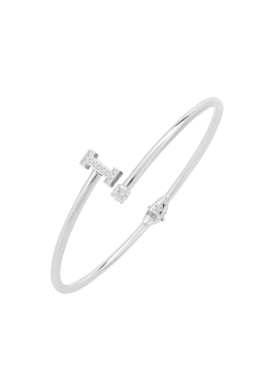 Silver initial I bangle bracelet with a crystal letter and small stones