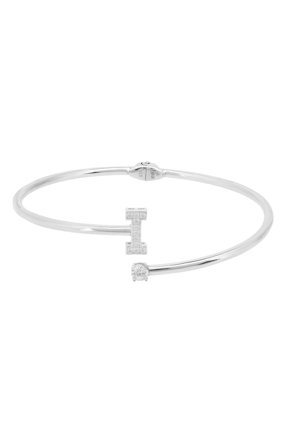 Silver initial I bangle bracelet with crystal I detailing and hinged clasp