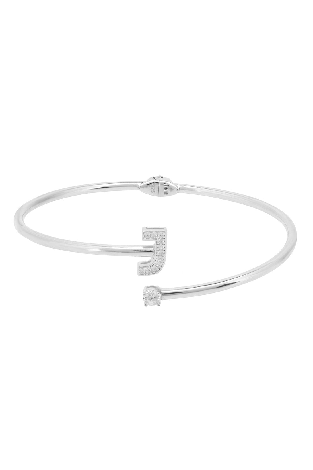 Silver hinged bangle with rhinestone letter J detail