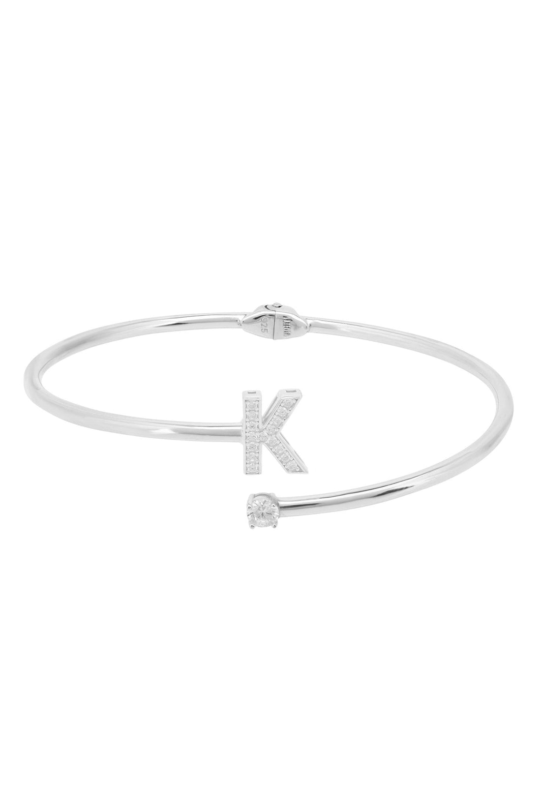 Silver bangle bracelet featuring a large K initial with crystal details.