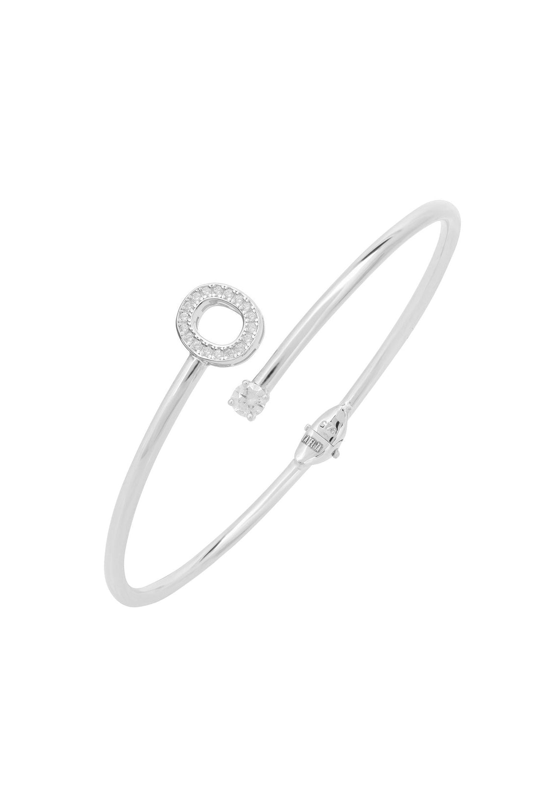 Silver bangle bracelet with glitter letter O charm and small dangling stone