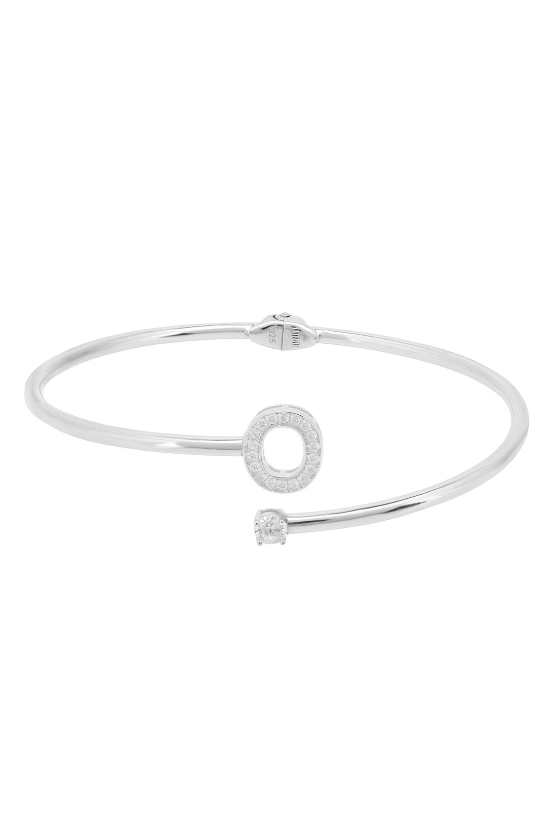 Silver bangle bracelet with round O charm and small stud detail