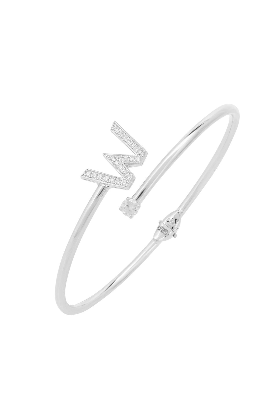 Silver-tone initial W bangle with CZ zigzag letters and small round stones